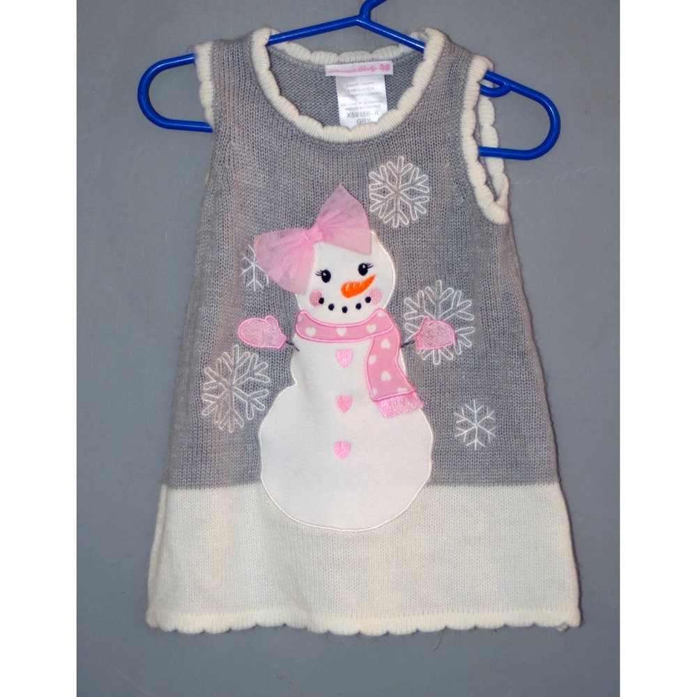 Baby Bonnie Girl Sweater‎ Jumper Dress Snowman Girl Gray Pink Bow EUC 12 mos